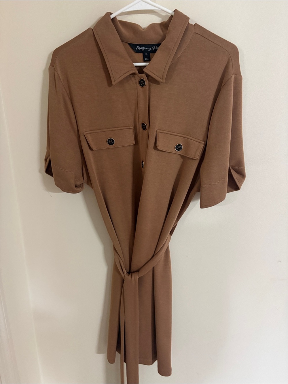 Button-Front Brown Shirt Dress with Tie Waist